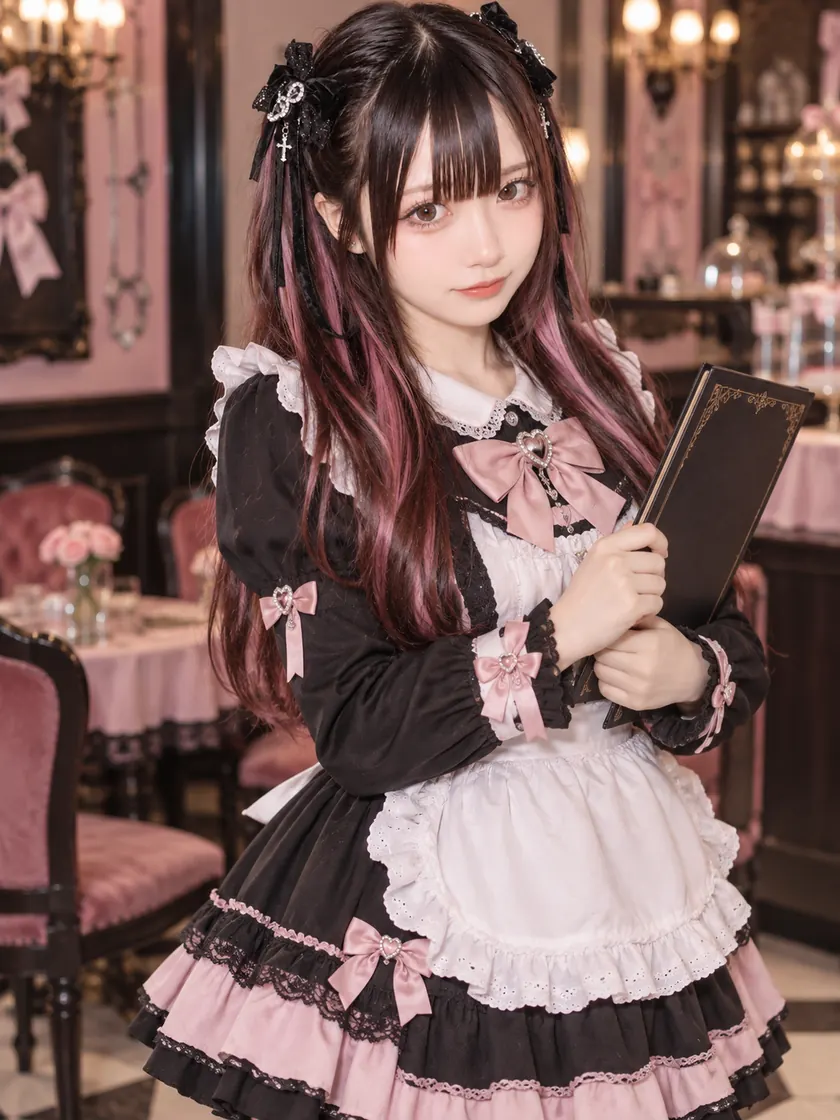 Sakura Ai holding a book in a pink and black cafe with velvet chairs, wearing a black dress with a white apron and pink bows
