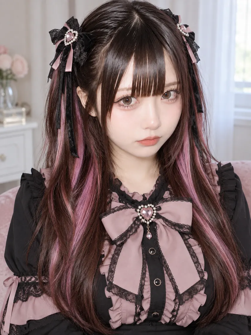 Sakura Ai, a virtual beauty persona with long dark hair, pink inner highlights and black lace bows with pink heart jewels, seated on a pink sofa